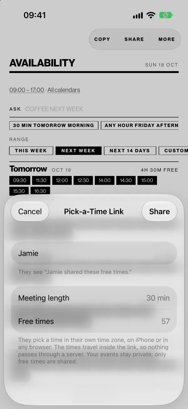 The Pick-a-Time Link sheet in OpenTime, with an optional first name, a 30 minute meeting length and 57 free times