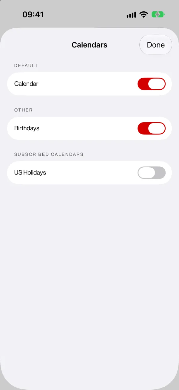 The Calendars sheet in OpenTime with Calendar and Birthdays on and US Holidays switched off