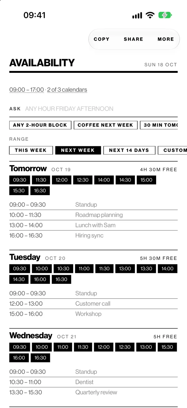 OpenTime showing next week day by day: free half-hour times above each day's meetings, with the work hours and calendars in use under the title