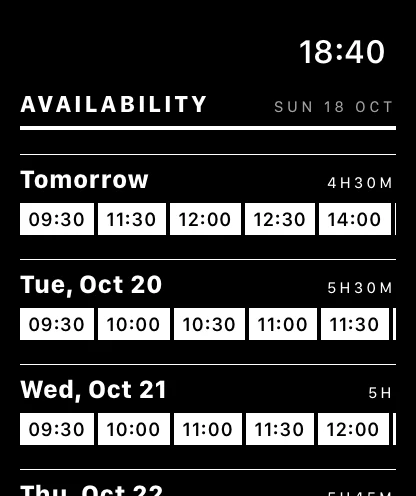 OpenTime on Apple Watch listing free times for tomorrow, Tuesday and Wednesday